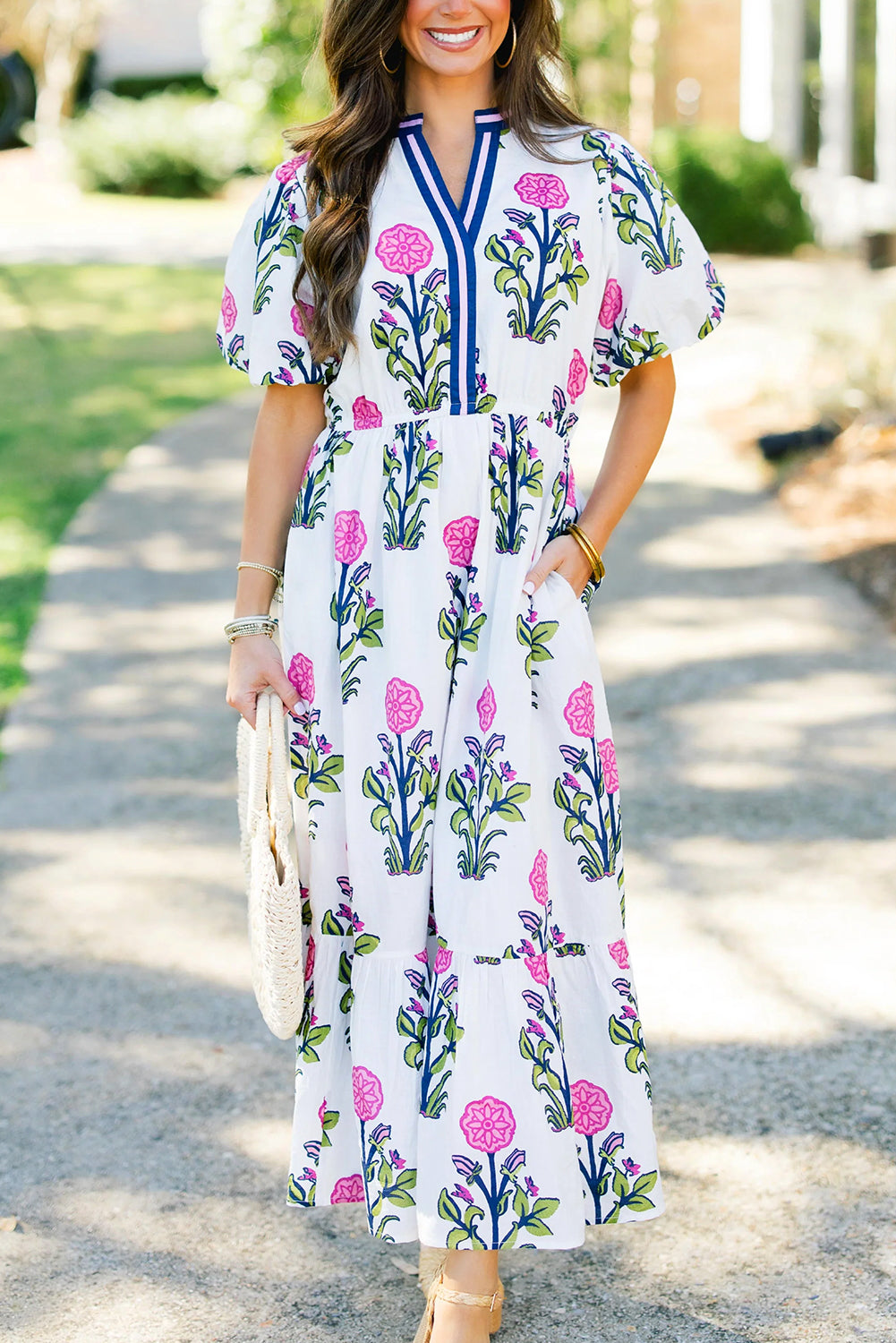 Floral Puff Short Sleeve V Neck High Waist Maxi Dress - KaleaBoutique.com