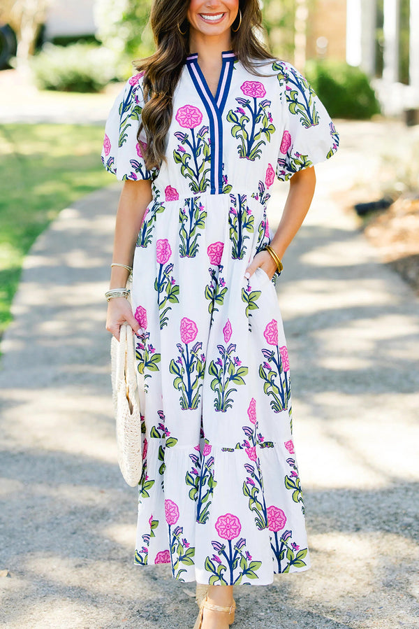 KaleaBoutique Stylish Floral Puff Short Sleeve V Neck High Waist Maxi Dress - KaleaBoutique.com