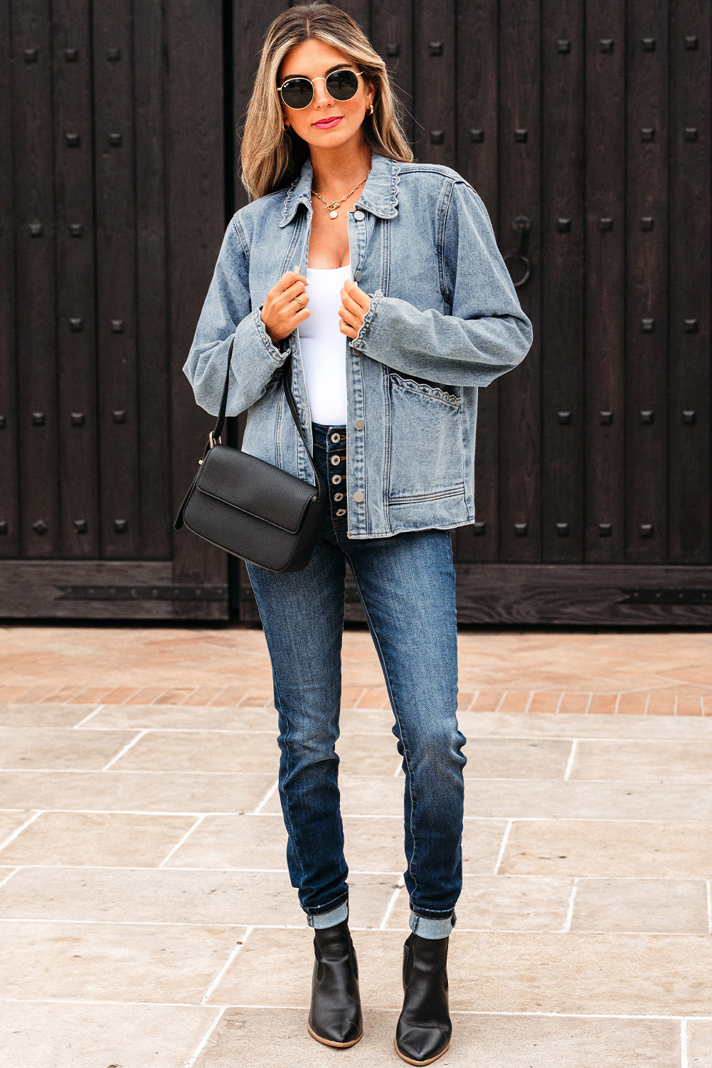 Scallop Trim Collar Patched Pocket Button Up Mineral Washed Denim Jacket - KaleaBoutique.com