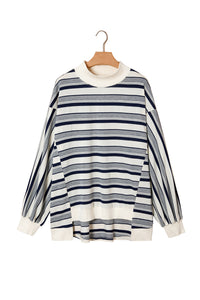 KaleaBoutique Stylish Striped Ribbed Stand Neck Long Sleeve Shift Silhouette Sweatshirt - KaleaBoutique.com