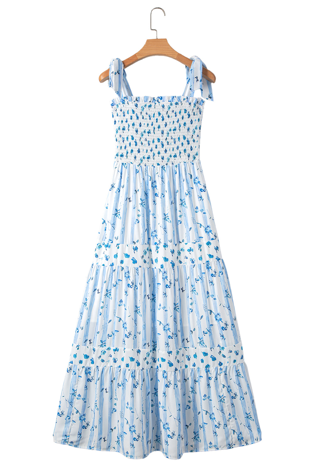 Floral Smocked Tied Straps A-Lined Tiered Maxi Dress - KaleaBoutique.com