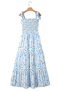 Floral Smocked Tied Straps A-Lined Tiered Maxi Dress - KaleaBoutique.com