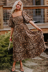 KaleaBoutique Stylish Leopard Print Bubble Sleeve Square Neck Maxi Dress - KaleaBoutique.com