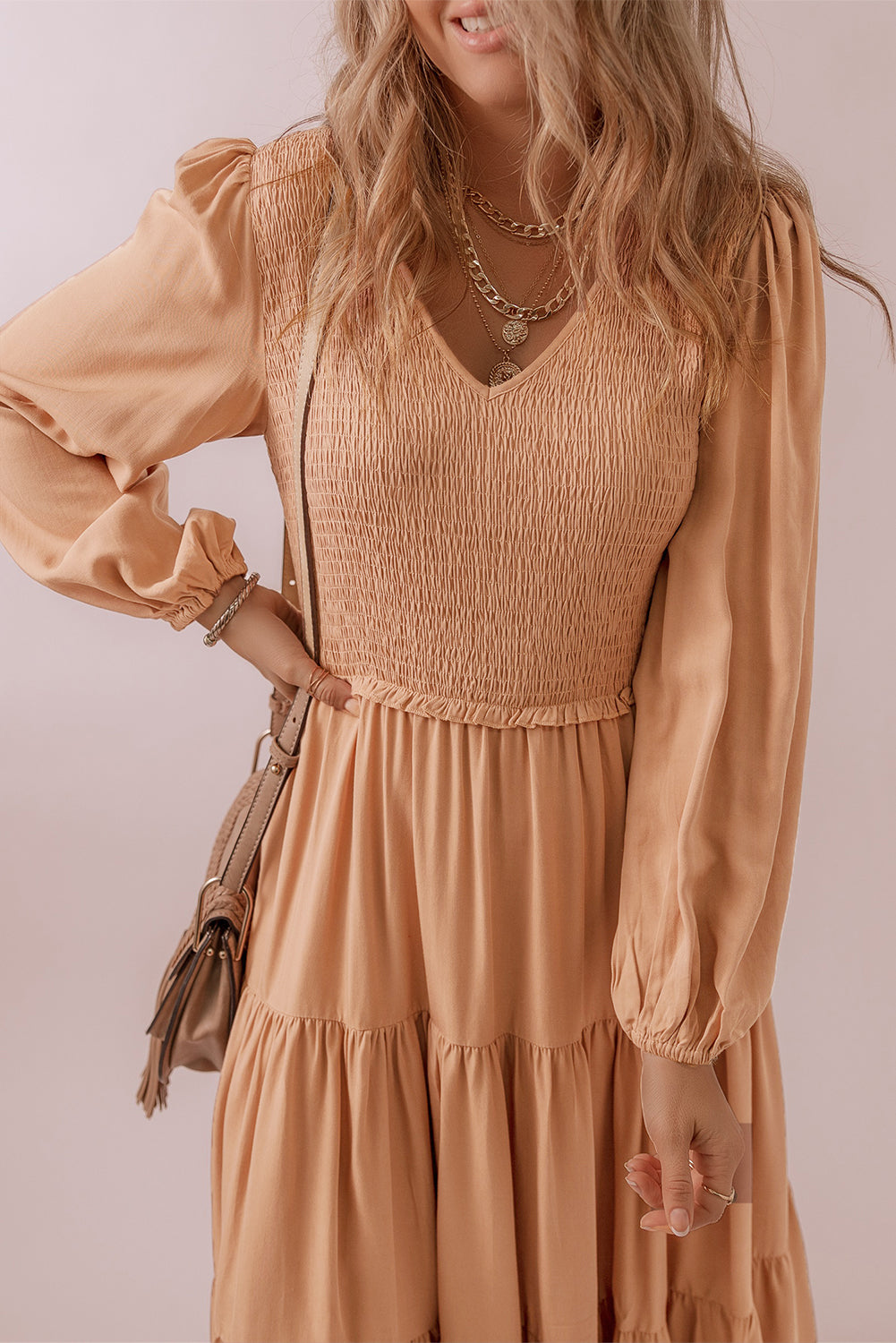 KaleaBoutique Smocked V Neck Long Sleeve Ruffle Dress - KaleaBoutique.com