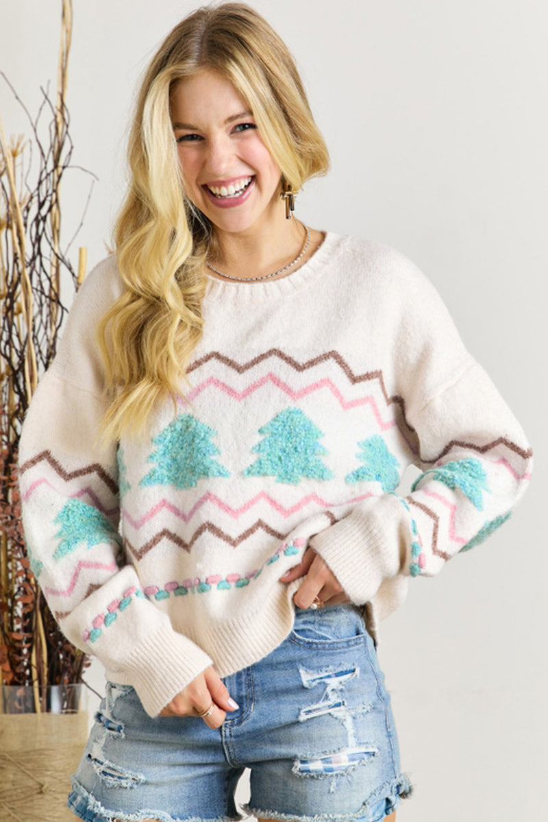 KaleaBoutique Stylish Striped Christmas Tree Ribbed Trim Drop Shoulder Sweater - KaleaBoutique.com