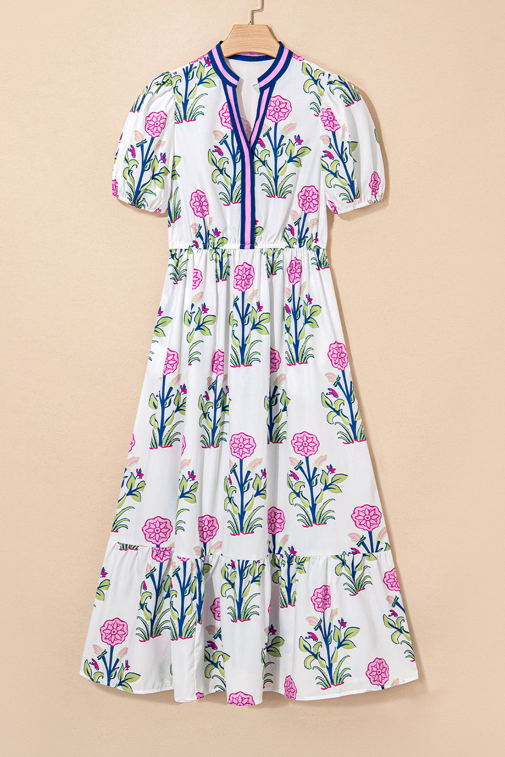 Floral Puff Short Sleeve V Neck High Waist Maxi Dress - KaleaBoutique.com