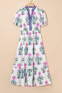 Floral Puff Short Sleeve V Neck High Waist Maxi Dress - KaleaBoutique.com