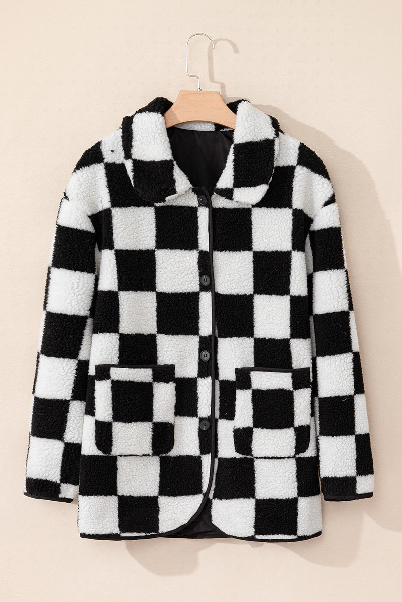 KaleaBoutique Checkered Side Pockets Collared Buttoned Fleece Jacket - KaleaBoutique.com