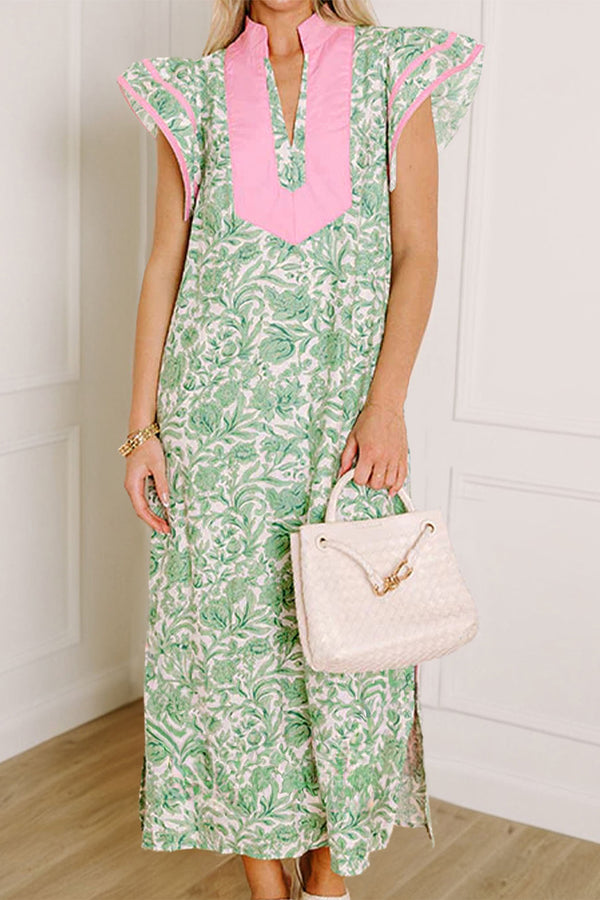 KaleaBoutique Comfortable Floral Print Color Block Patchwork V Neck Short Sleeve Midi Dress - KaleaBoutique.com