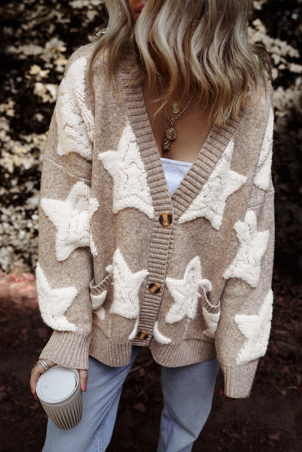 KaleBoutique Stylish Sherpa Star Pattern Textured Sweater Cardigan with Pockets - KaleaBoutique.com