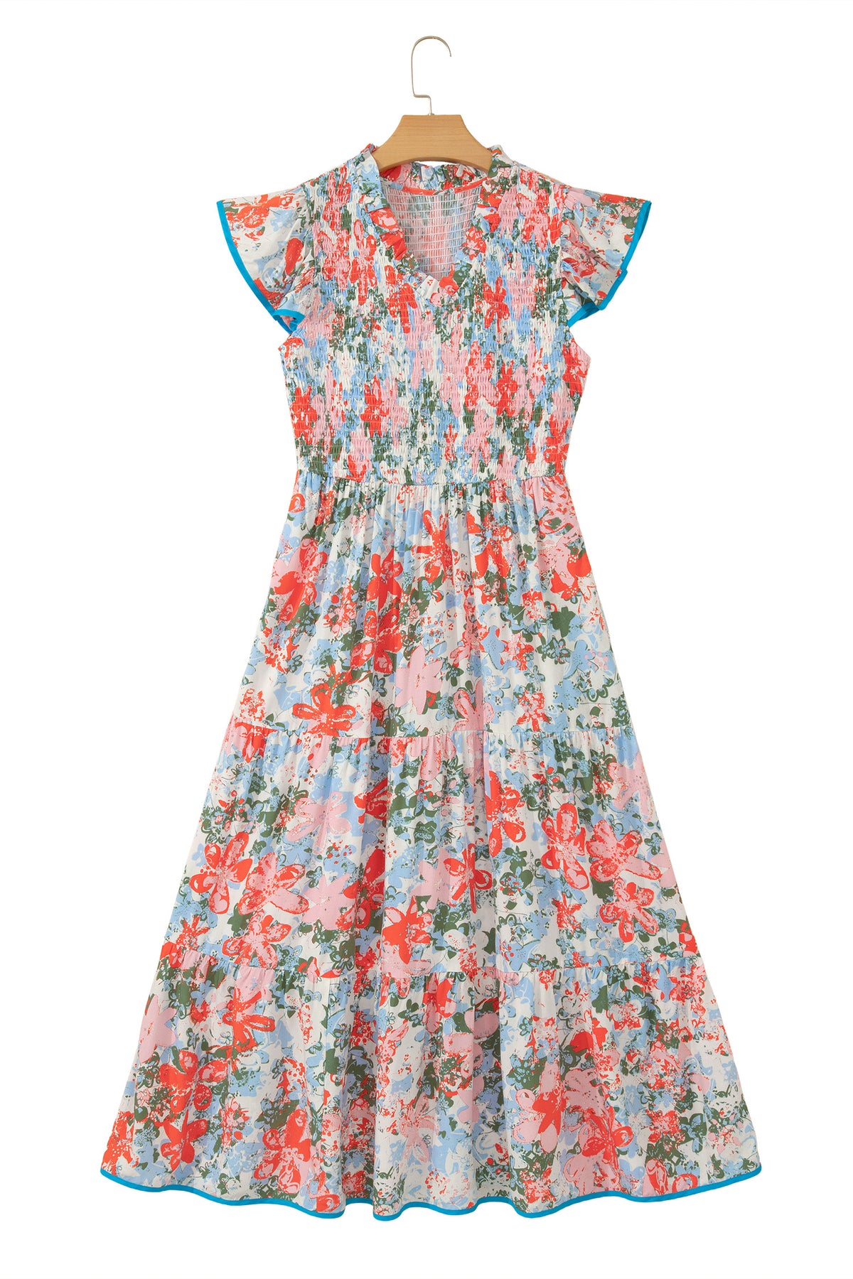 KaleaBoutique Comfortable Floral Print V Neck Contrast Trim Flutter Sleeve Long Dress - KaleaBoutique.com