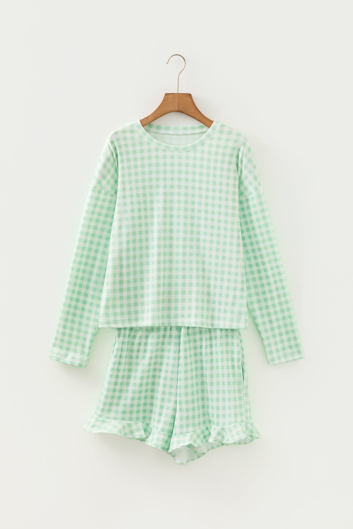 KaleaBoutique Stylish Gingham Long Sleeve Loose Top Drawstring Shorts 2pcs Lounge Set - KaleaBoutique.com