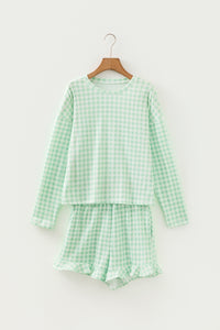 KaleaBoutique Stylish Gingham Long Sleeve Loose Top Drawstring Shorts 2pcs Lounge Set - KaleaBoutique.com
