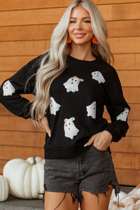 Black Sequin Bow Ghost Halloween Crew Neck Sweatshirt - KaleaBoutique.com
