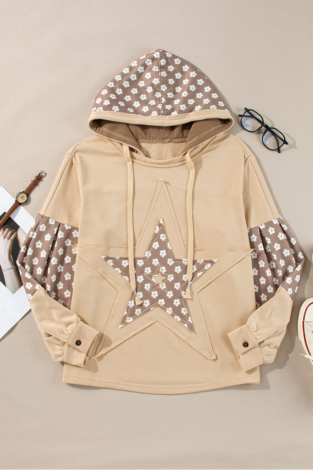 KaleaBoutique Stylish Floral Patchwork Star Pattern Drawstring Hoodie - KaleaBoutique.com