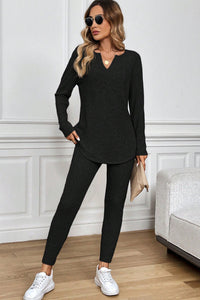 KaleaBoutique Comfortable Ribbed Notched Neck Knit Long Sleeve Leggings Two Pieces Lounge Set - KaleaBoutique.com