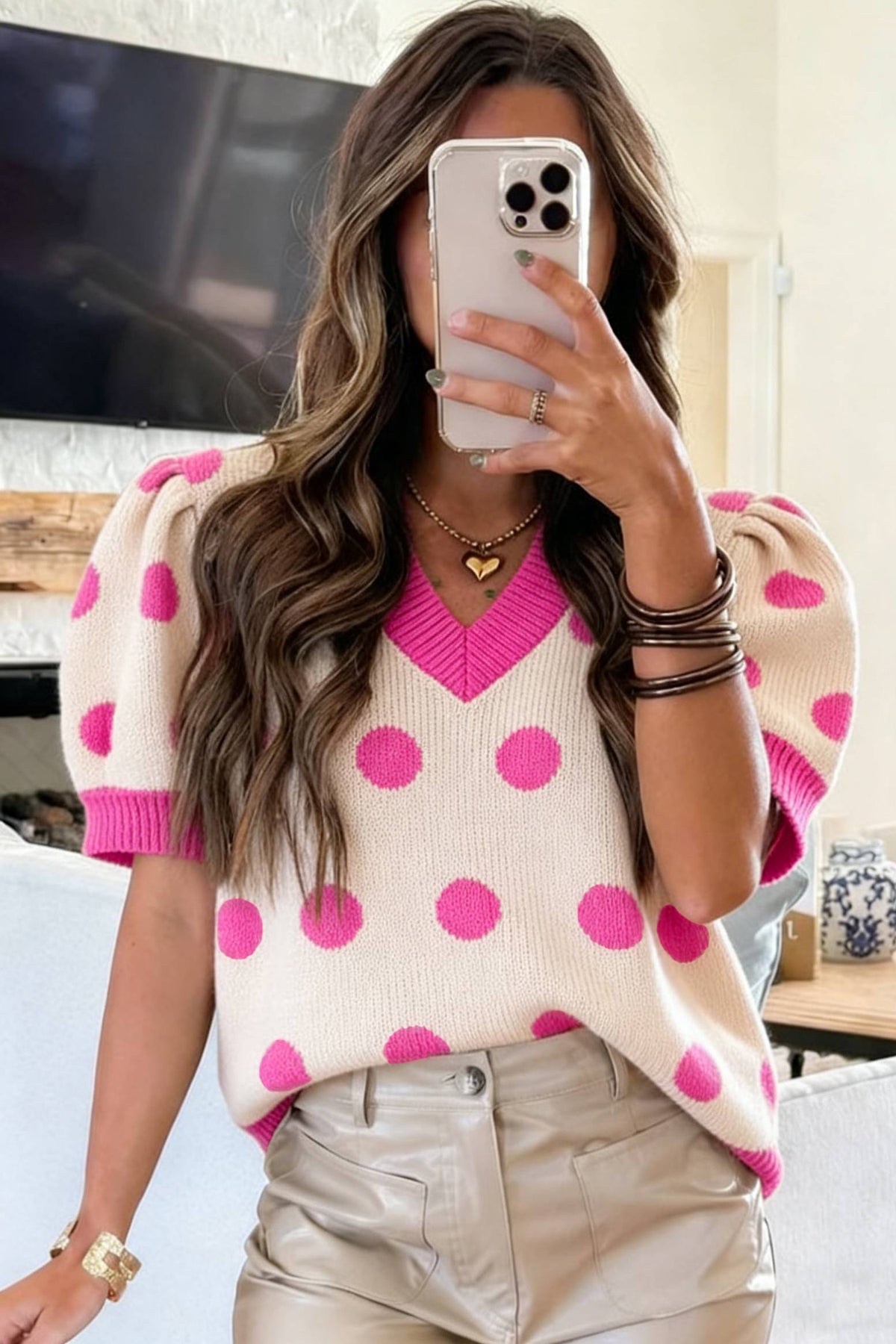 KaleaBoutique Stylish Polka Dot Puff Short Sleeve Sweater Top - KaleaBoutique.com