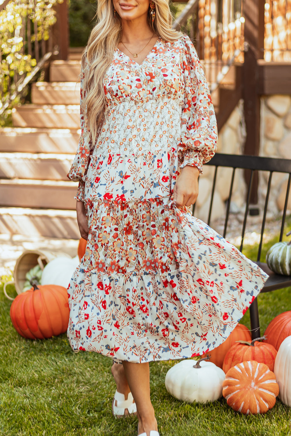 KaleaBoutique Stylish Floral Print Ruffled Tiered Long Sleeve V Neck Midi Dress - KaleaBoutique.com