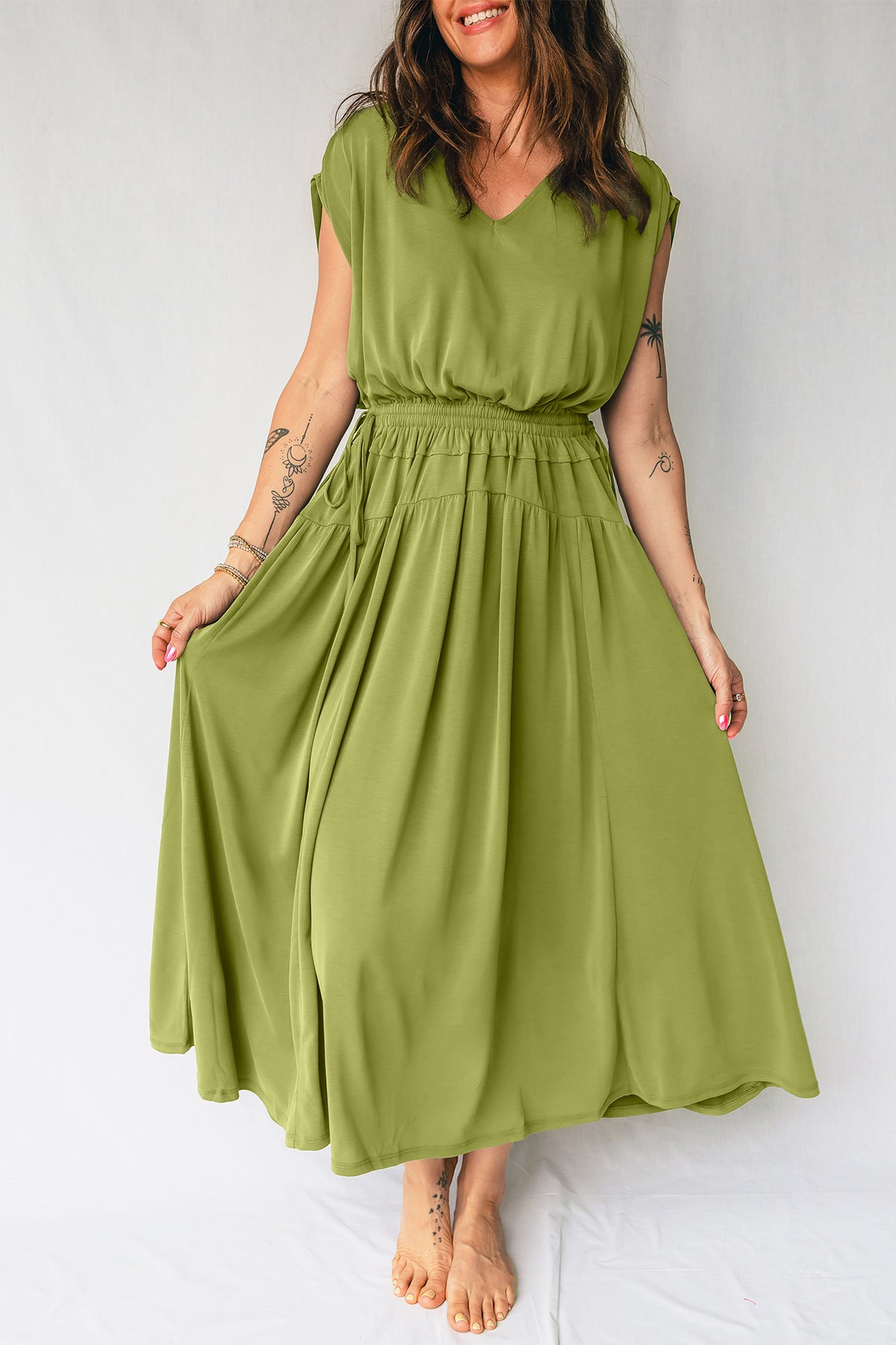 KaleaBoutique Comfortable Solid V Neck Cap Sleeve Tunic Elastic Waist Versatile Maxi Dress - KaleaBoutique.com