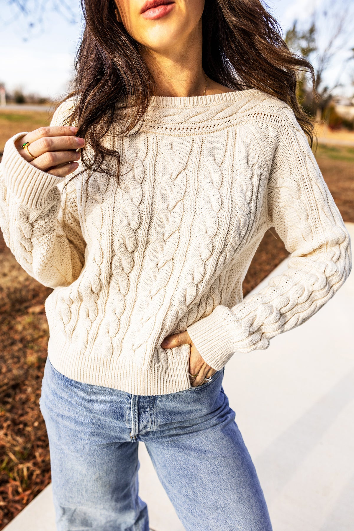 Drop Shoulder Round Neck Cable Knit Sweater - KaleaBoutique.com