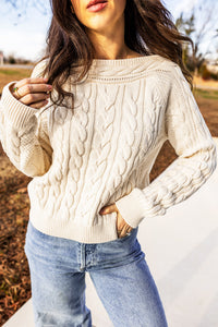 Drop Shoulder Round Neck Cable Knit Sweater - KaleaBoutique.com