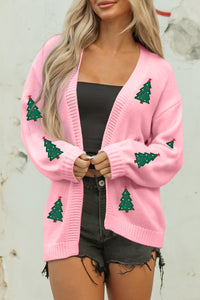 KaleaBoutique Comfortable Christmas Tree Print Open Front Drop Shoulder Midi Cardigan - KaleaBoutique.com