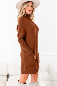 KaleaBoutique Stylish Ribbed High Neck Front Pockets Center Seam Shift Sweater Dress - KaleaBoutique.com