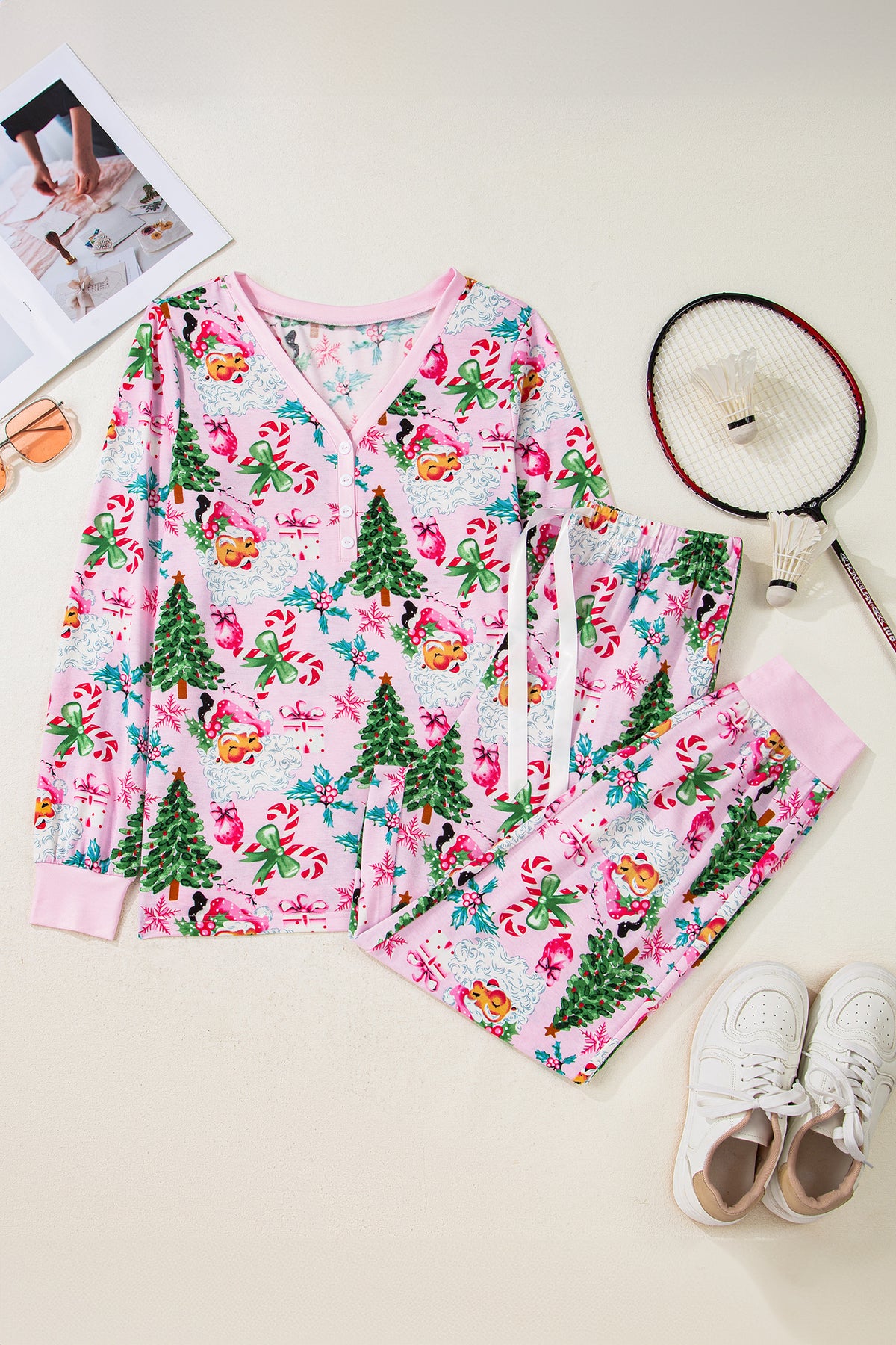 KaleaBoutique Comfortable Christmas Pattern Button V Neck Pullover Drawstring Pants 2pcs Lounge Set - KaleaBoutique.com