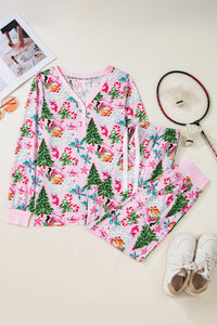 KaleaBoutique Comfortable Christmas Pattern Button V Neck Pullover Drawstring Pants 2pcs Lounge Set - KaleaBoutique.com