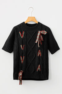 KaleaBoutique Comfortable Plaid Lace up Detail Christmas Holiday Puff Short Sleeve Sweater - KaleaBoutique.com