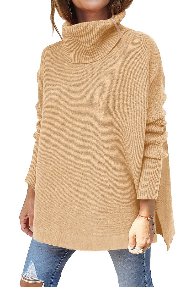 Turtleneck Sweater Mid Length Batwing Sleeve Slit Hem Tunic Pullover Sweaters Winter Tops Women Clothing - KaleaBoutique.com