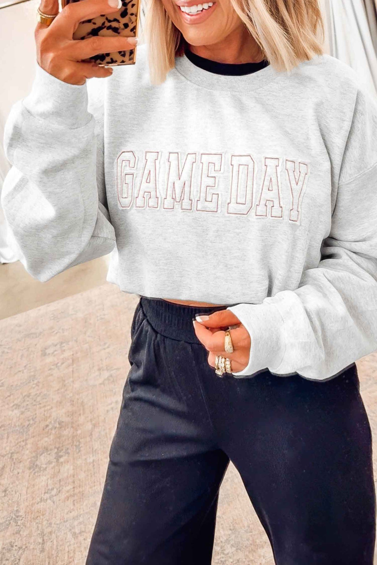 KaleaBoutique Stylish Game Day Letter Embroidery Long Sleeve Round Neck Sweatshirt - KaleaBoutique.com