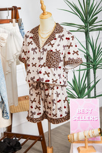 KaleaBoutique Stylish Chic Bow Cherry Printed Leopard Contrast Patchwork Shirt Drawstring Shorts 2pcs PJ Set - KaleaBoutique.com