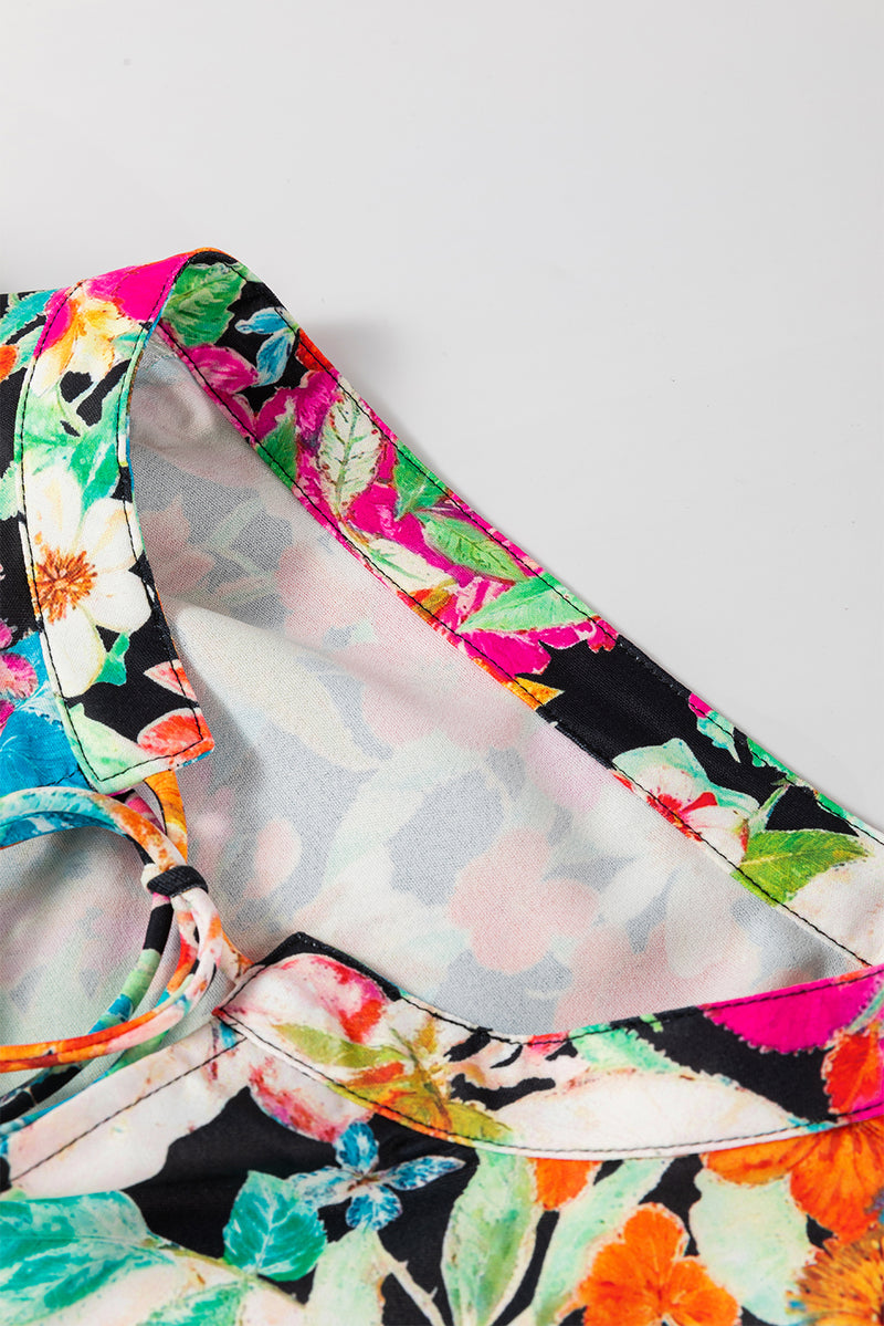 KaleaBoutique Floral Print Bubble Sleeve V Neck Ruffled Blouse - KaleaBoutique.com