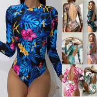Women Tropical Floral Long-Sleeve Open-Back One-Piece Swimsuit - KaleaBoutique.com