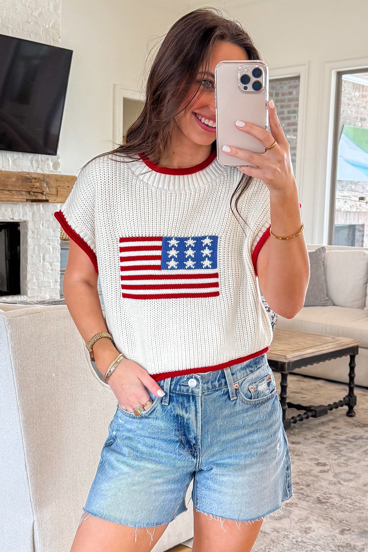 KaleaBoutique Comfortable Flag Print Cropped Short Sleeve Sweater - KaleaBoutique.com