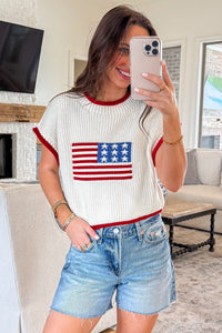 KaleaBoutique Comfortable Flag Print Cropped Short Sleeve Sweater - KaleaBoutique.com