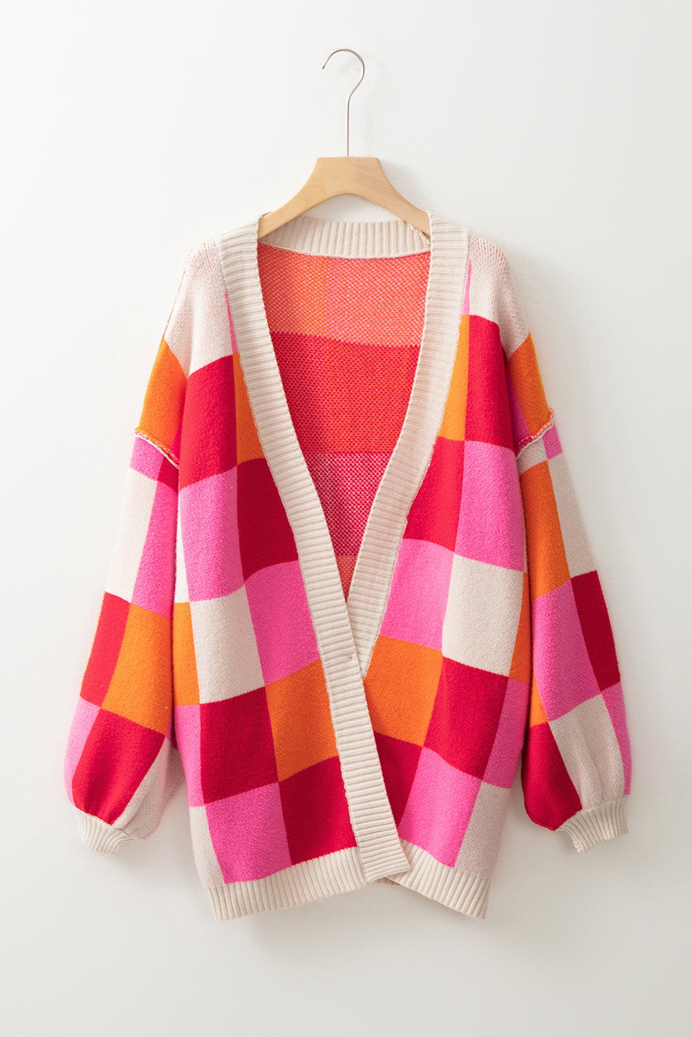 KaleaBoutique Stylish Light Checkered Drop Shoulder Exposed Seam Open Front Cardigan - KaleaBoutique.com