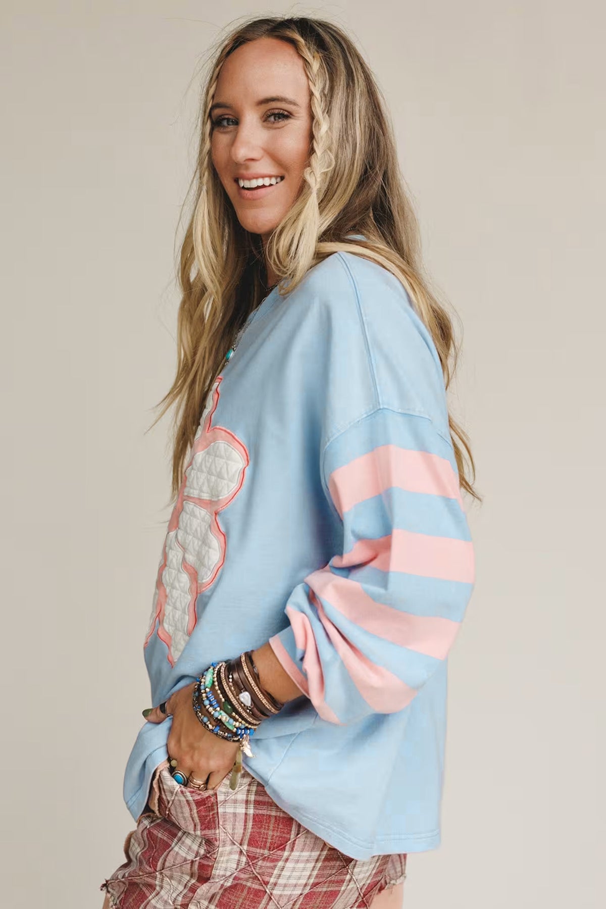 KaleaBoutique Stylish Big Flower Patch Drop Shoulder Striped Long Sleeve Top - KaleaBoutique.com