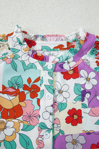 KaleaBoutique Stylish Floral Print Patchwork Frilly Neckline Long Sleeve Shirt - KaleaBoutique.com