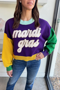 Colorblock Patchwork Fuzzy Mardi Gras Graphic Sweater - KaleaBoutique.com