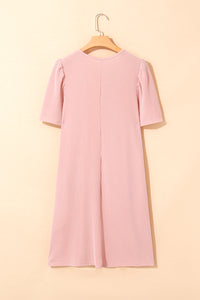 Corded Knit Crew Neck Puff Sleeve Shift Mini Dress - KaleaBoutique.com