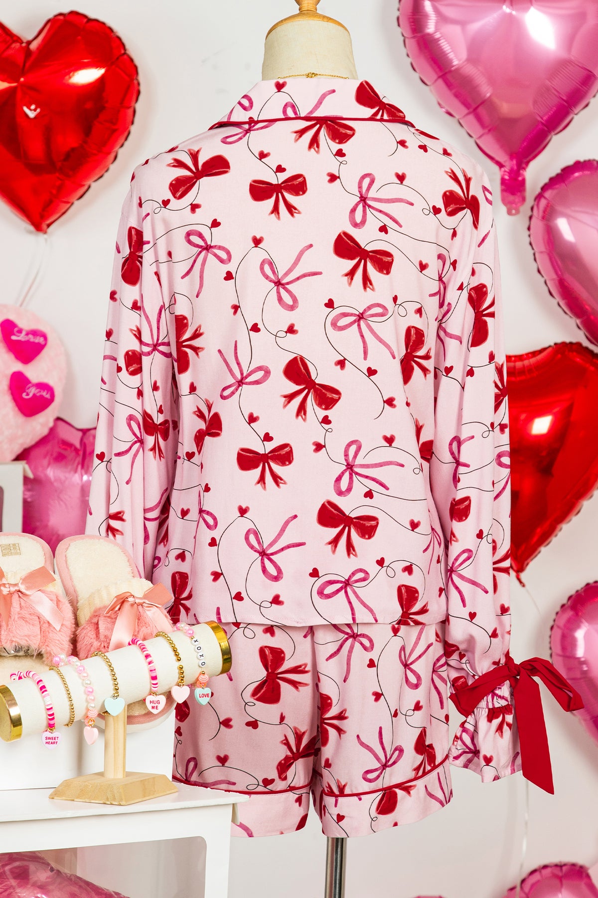 KaleaBoutique Comfortable Bow Print Valentine Long Sleeve Shirt Shorts 2 Pcs Pajama Set - KaleaBoutique.com