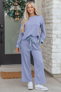 KaleaBoutique Comfortable Flounce Long Sleeve Top Drawstring Pants Contrast Velvet Bow Knot 2pcs Lounge Set - KaleaBoutique.com