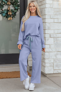 KaleaBoutique Comfortable Flounce Long Sleeve Top Drawstring Pants Contrast Velvet Bow Knot 2pcs Lounge Set - KaleaBoutique.com
