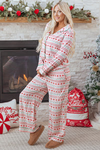 KaleaBoutique Comfortable Christmas Pattern Print Shirt Style Long 2pcs Pajama Set - KaleaBoutique.com