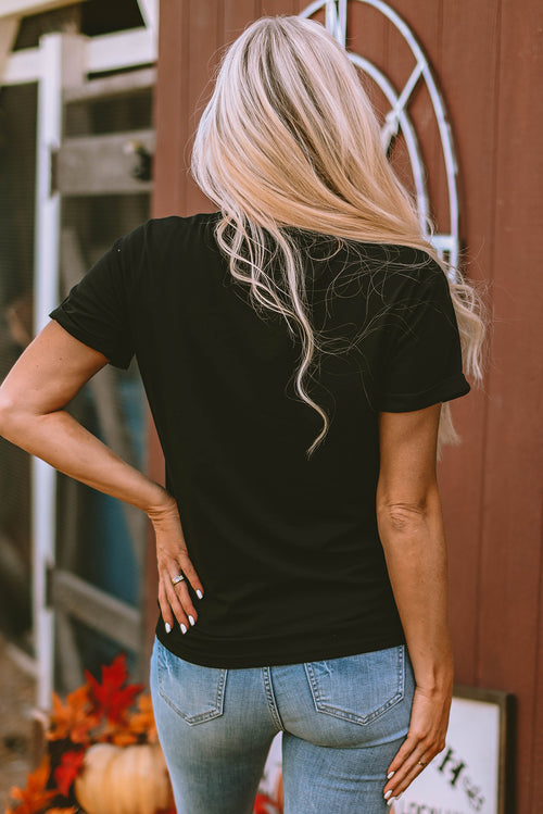 Black Sequin Bow Ghost Patched Halloween Graphic Tee - KaleaBoutique.com