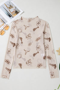 KaleaBoutique Stylish Western Print Slim Fit Mesh Long Sleeve Mock Neck Top - KaleaBoutique.com