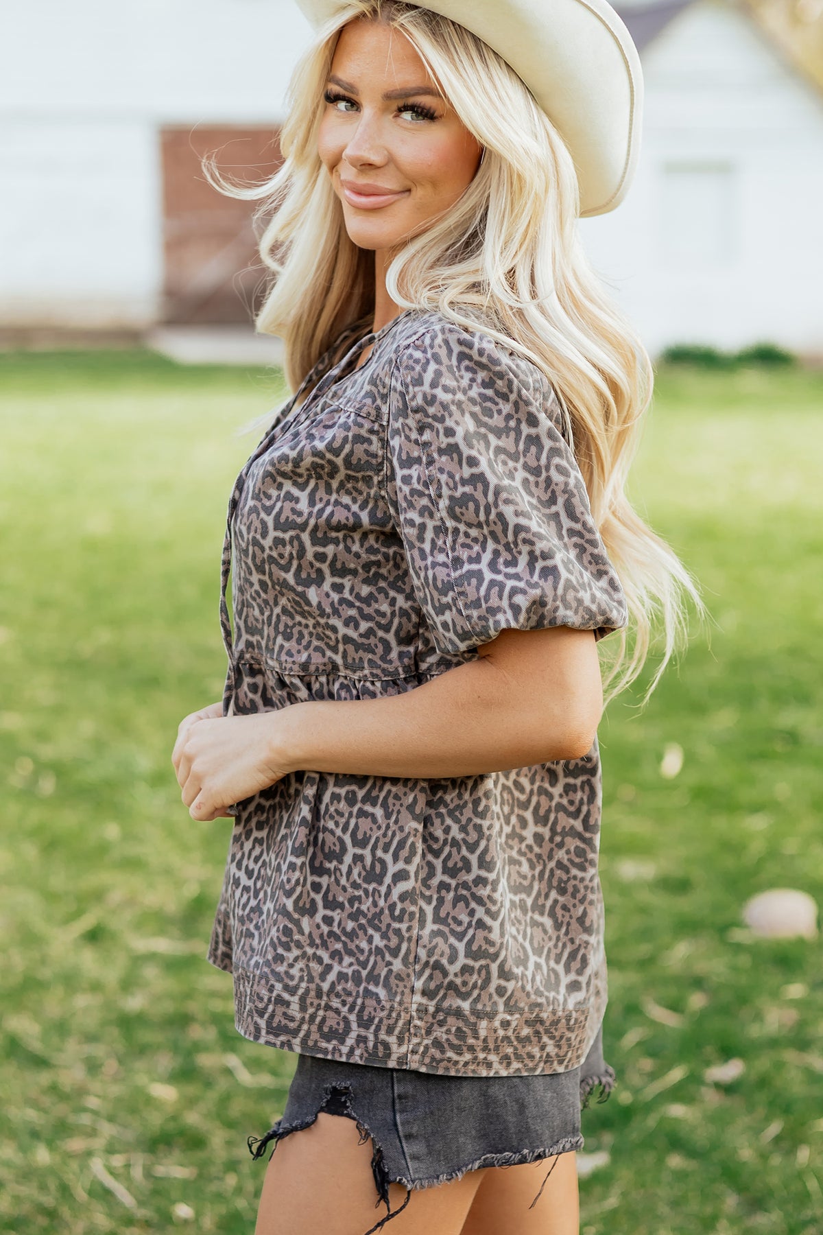 KB Brown Leopard Tie Neck Short Puff Sleeve Denim Babydoll Top - KaleaBoutique.com
