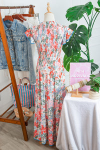 KaleaBoutique Comfortable Floral Print V Neck Contrast Trim Flutter Sleeve Long Dress - KaleaBoutique.com